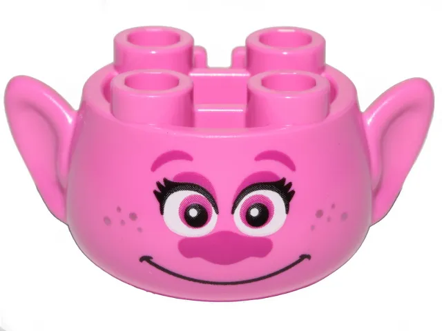 Minifigure, Head, Modified Trolls with Magenta Eyebrows, Eyes, Eye Shadow, and Nose, Black Eyelashes, Metallic Pink Freckles, Grin Pattern