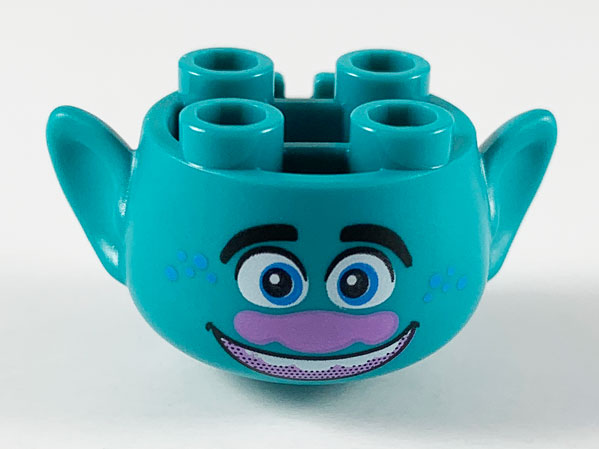 Minifigure, Head, Modified Trolls with Black Eyebrows, Blue Eyes and Freckles, Medium Lavender Nose, Open Mouth Smile with Top Teeth Pattern