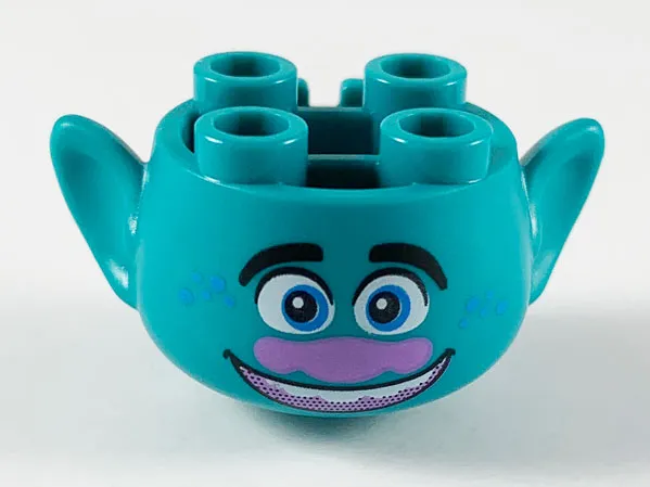 Minifigure, Head, Modified Trolls with Black Eyebrows, Blue Eyes and Freckles, Medium Lavender Nose, Open Mouth Smile with Top Teeth Pattern