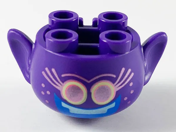 Minifigure, Head, Modified Trolls with Metallic Pink Thin Unibrow, Long Eyelashes, Eyes, and Freckles, Blue Open Mouth Smile with Metallic Light Blue Top Teeth Pattern