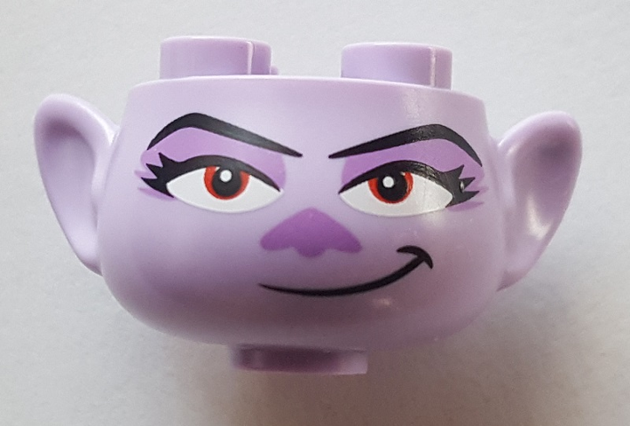 Minifigure, Head, Modified Trolls with Black Eyebrows, Eyelashes, Red Eyes, Medium Lavender Eye Shadow and Nose, Smirk Pattern