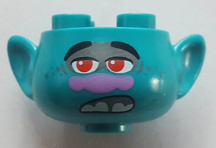 Minifigure, Head, Modified Trolls with Black Eyebrows, Red Eyes, Dark Bluish Gray Eye Shadow and Freckles, Medium Lavender Nose, Open Mouth with Bottom Teeth Pattern