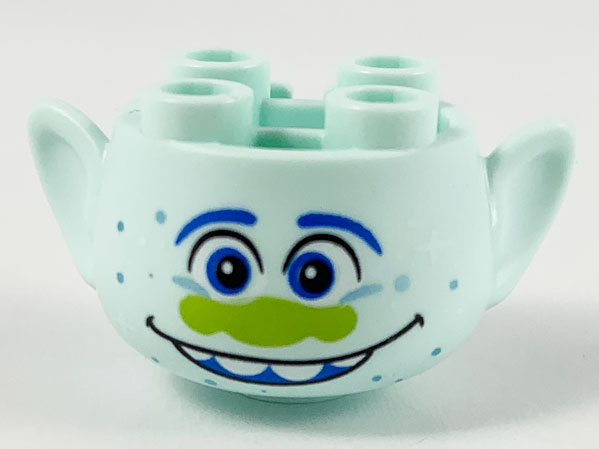 Minifigure, Head, Modified Trolls with Blue Eyebrows and Eyes, Lime Nose, Metallic Light Blue Dots, Open Mouth Smile with Top Teeth Pattern