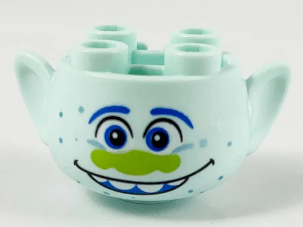 Minifigure, Head, Modified Trolls with Blue Eyebrows and Eyes, Lime Nose, Metallic Light Blue Dots, Open Mouth Smile with Top Teeth Pattern