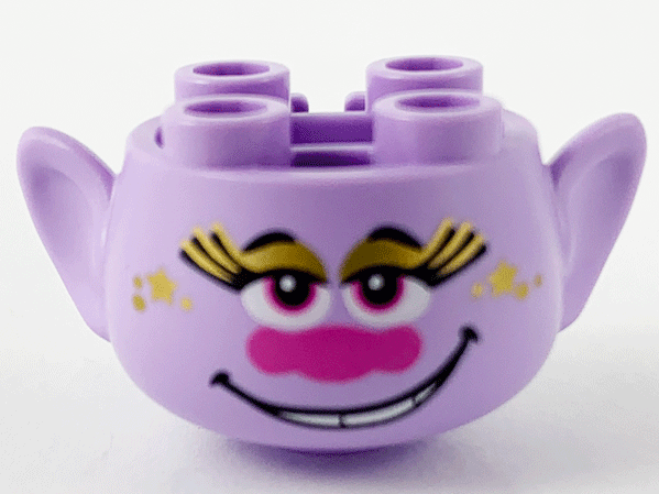 Minifigure, Head, Modified Trolls with Black Eyebrows, Long Eyelashes, Gold Eye Shadow, Stars, and Freckles, Dark Pink Eyes and Nose, Open Mouth Smile with Teeth Pattern