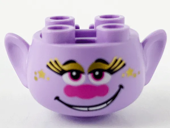 Minifigure, Head, Modified Trolls with Black Eyebrows, Long Eyelashes, Gold Eye Shadow, Stars, and Freckles, Dark Pink Eyes and Nose, Open Mouth Smile with Teeth Pattern