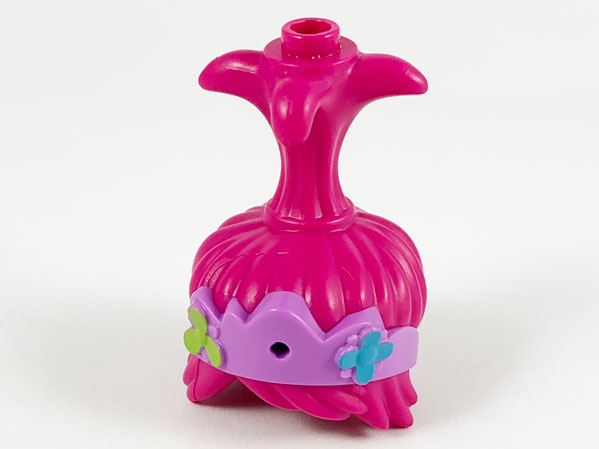 Minifigure, Hair Trolls with High Ponytail and Medium Lavender Headband with Lime and Medium Azure Flowers Pattern