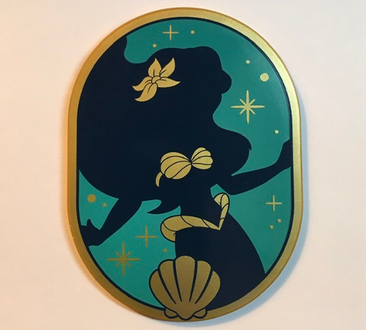 Tile, Round 6 x 8 Oval with Dark Blue Ariel Silhouette with Flower and Shell Bra, Gold Dots and Sparkles on Dark Turquoise Background Pattern