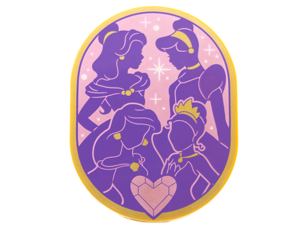 Tile, Round 6 x 8 Oval with Dark Purple Belle, Cinderella, Ariel, and Tiana with Gold Trim on Metallic Pink Background, Heart Jewel Pattern
