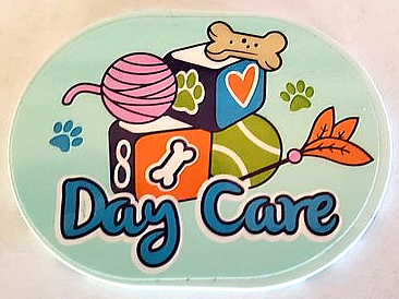 Tile, Round 6 x 8 Oval with Dark Azure 'Day Care', Dog Bone, Yarn Ball, Blocks and Paw Prints Pattern (Sticker) - Set 41718