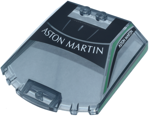 Windscreen 6 x 6 x 1 1/3 Straight Sides with Black Panels, Green Side Window Frames, White 'ASTON MARTIN' and Silver Stripes Pattern