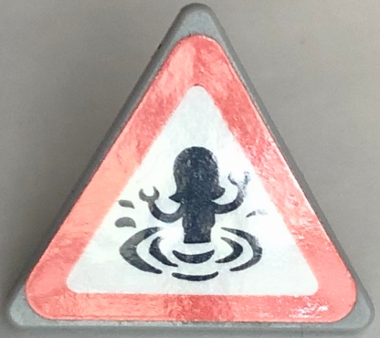 Road Sign 2 x 2 Triangle with Open O Clip with Coral Border and Black Silhouette of Mini Doll Splashing in Water / Swimming Danger Pattern (Sticker) - Set 41421