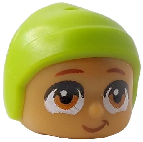 Mini Doll, Head, Modified Baby / Toddler with Molded Lime Cap and Printed Reddish Brown Eyebrows and Dark Orange Eyes, Lopsided Grin Pattern