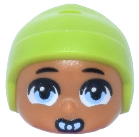Mini Doll, Head, Modified Baby / Toddler with Molded Lime Cap and Printed Black Eyebrows, Bright Light Blue Eyes and Pacifier Pattern