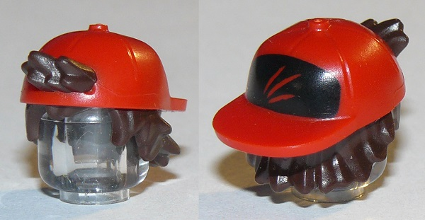 Minifigure, Hair Combo, Hair with Hat, Short Tousled Hair with Molded Red Cap, Short Curved Bill and Printed Streaks on Black Background Pattern