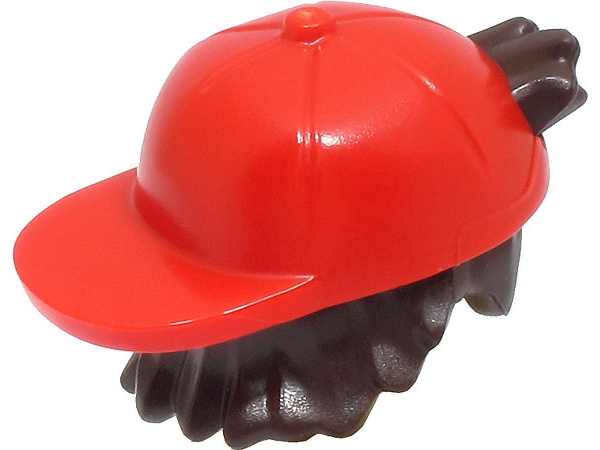 Minifigure, Hair Combo, Hair with Hat, Short Tousled Hair with Molded Red Cap, Short Curved Bill Pattern