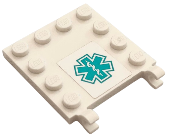 Tile, Modified 4 x 4 with Studs on Edges and 2 Open O Clips (Horizontal Grip) with Dark Turquoise EMT Star of Life Pattern (Sticker) - Set 60405