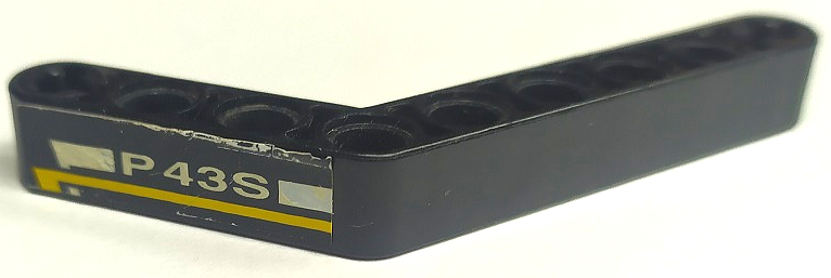 Technic, Liftarm, Modified Bent Thick 1 x 9 (6 - 4) with White 'P43S' and Yellow Stripe Pattern Model Left Side (Sticker) - Set 8443