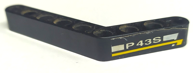 Technic, Liftarm, Modified Bent Thick 1 x 9 (6 - 4) with White 'P43S' and Yellow Stripe Pattern Model Right Side (Sticker) - Set 8443