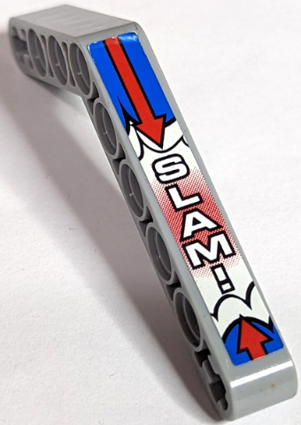 Technic, Liftarm, Modified Bent Thick 1 x 9 (6 - 4) with Red Arrows and 'SLAM!' on Blue, Red, and White Background Pattern (Sticker) - Set 8182