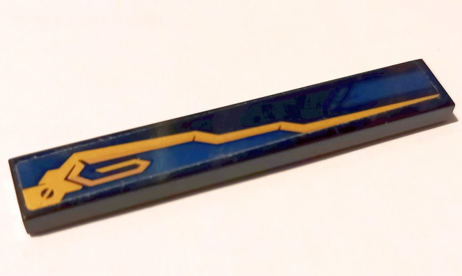 Tile 1 x 6 with Dark Blue Stripe and Copper and Gold Mechanical Pattern Model Left Side (Sticker) - Set 70625