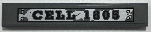 Tile 1 x 6 with Black 'CELL 1805' on Silver Weathered Name Plate Pattern (Sticker) - Set 70435