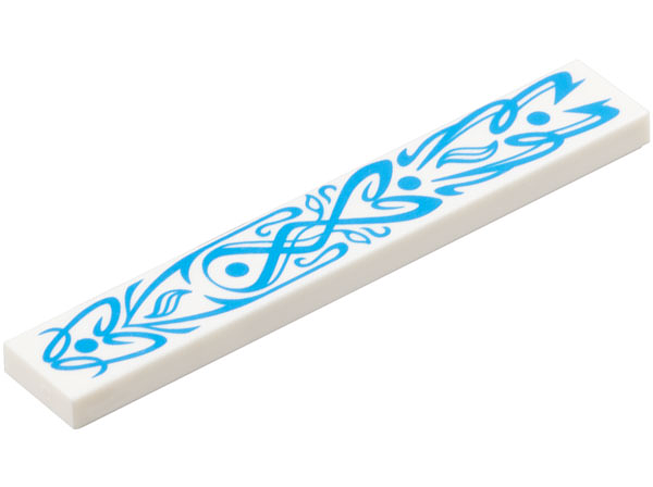 Tile 1 x 6 with Dark Azure Flowery Filigree with Dots and Curved Lines Pattern