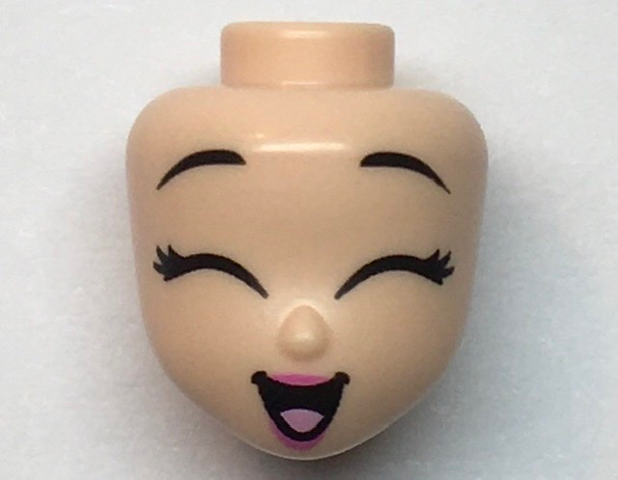Mini Doll, Head Friends with Black Eyebrows Raised, Eyelashes, Large Closed Eyes, Dark Pink Lips, and Open Mouth Smile with Bright Pink Tongue Pattern