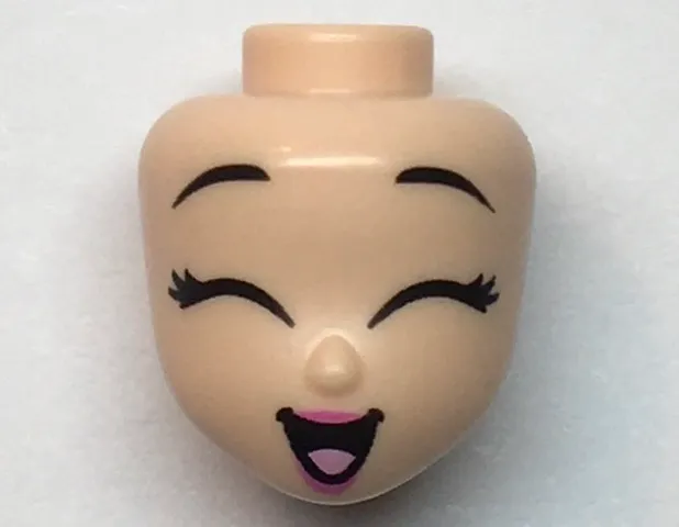 Mini Doll, Head Friends with Black Eyebrows Raised, Eyelashes, Large Closed Eyes, Dark Pink Lips, and Open Mouth Smile with Bright Pink Tongue Pattern