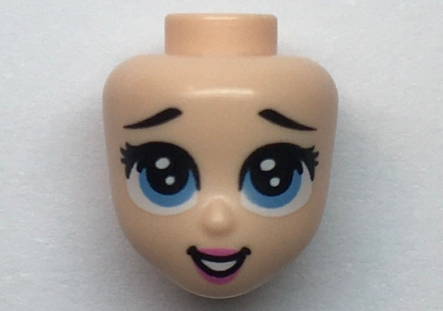 Mini Doll, Head Friends with Black Eyebrows Raised, Eyelashes, Large Medium Blue Eyes, Dark Pink Lips, and Open Mouth Smile with Teeth Pattern