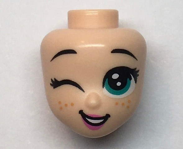 Mini Doll, Head Friends with Dark Turquoise Large Eyes, Right Wink, Raised Eyebrows, Freckles, and Open Mouth Smile Pattern (Anna)