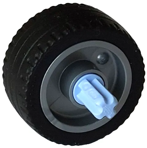 Wheel 18mm D. x 12mm with Pin Hole and Stud, Dotted Brake Rotor Lines with Fixed Rotatable Bright Light Blue Technic, Axle 1L with Pin without Friction Ridges with Squared Hole with Black Tire 24 x 12 Low (66727c02 / 18977)
