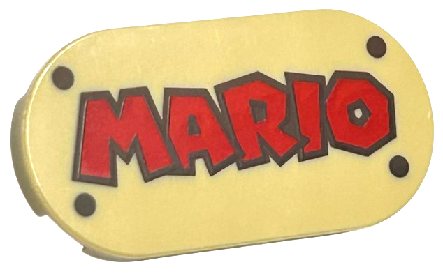 Tile, Round 2 x 4 Oval with Red 'MARIO' and Dark Brown Rivets Pattern