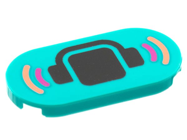 Tile, Round 2 x 4 Oval with Black Head and Headphones, Magenta and Coral Soundwaves Pattern