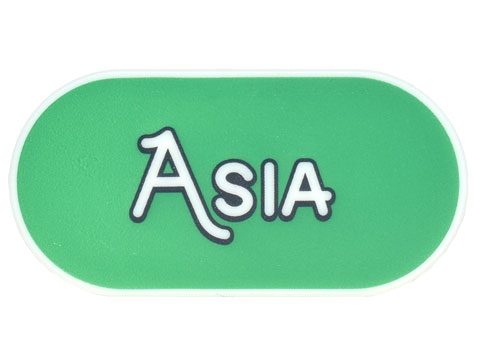 Tile, Round 2 x 4 Oval with Black Outline 'ASIA' on Green Background Pattern
