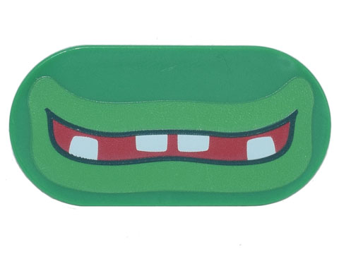 Tile, Round 2 x 4 Oval with Red Open Mouth Smile with Bright Green Lips and 4 White Teeth Pattern (Super Mario Garbage Can Ghost Lower Face)