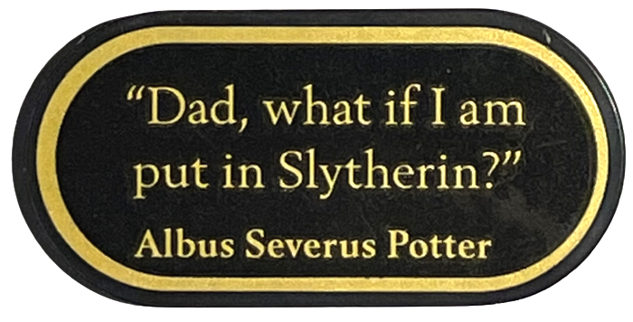 Tile, Round 2 x 4 Oval with Gold '"Dad, what if I am put in Slytherin?"', 'Albus Severus Potter', and Border Pattern (Sticker) - Set 76405