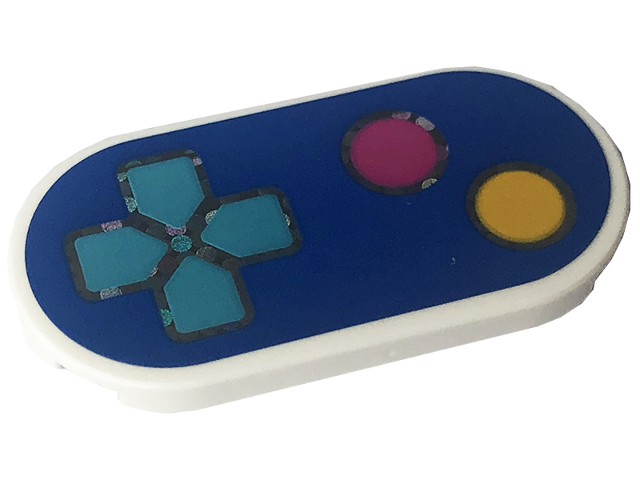 Tile, Round 2 x 4 Oval with Yellow and Dark Pink Buttons, Medium Azure Directional Pad on Blue Game Controller Pattern (Sticker) - Set 41708