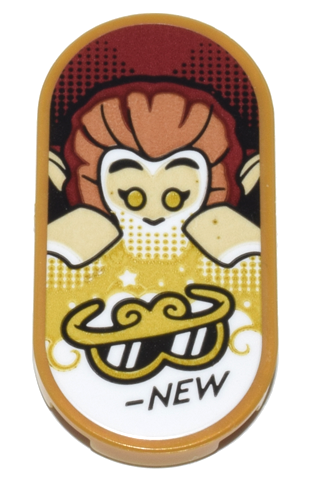 Tile, Round 2 x 4 Oval with Monkey King, Gold Sunglasses, and Black 'NEW' Pattern (Sticker) - Set 80036