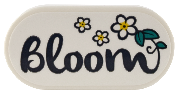 Tile, Round 2 x 4 Oval with White Flowers, Dark Turquoise Leaves, and Dark Blue Script 'Bloom' Pattern (Sticker) - Set 41732