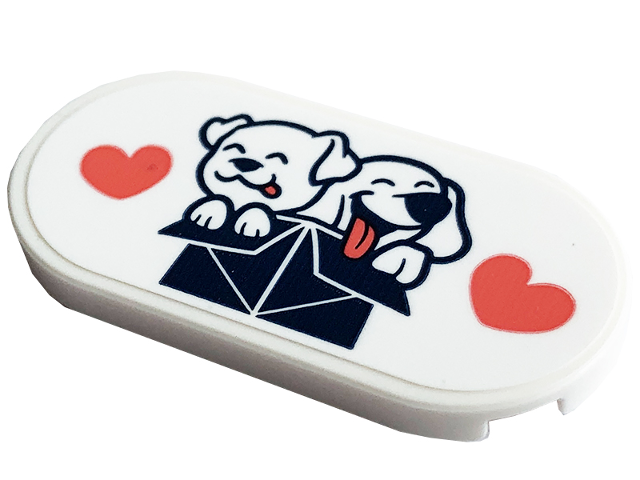 Tile, Round 2 x 4 Oval with White Dogs in Dark Blue Box with Coral Hearts Pattern (Sticker) - Set 41741