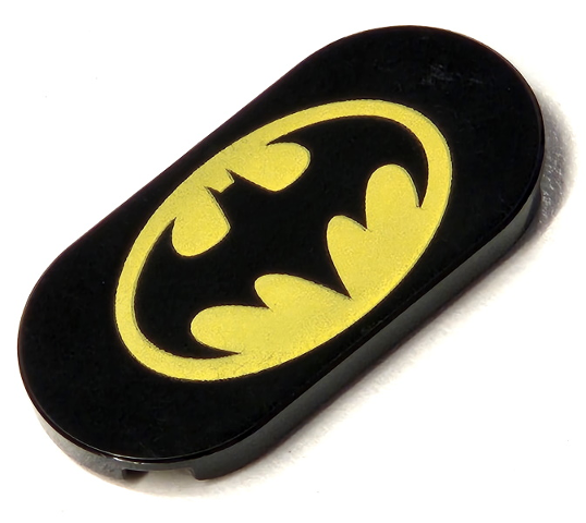 Tile, Round 2 x 4 Oval with Bat on Yellow Oval Batman Logo Pattern