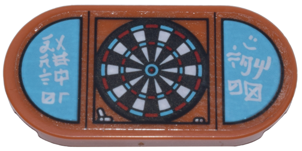 Tile, Round 2 x 4 Oval with Dart Board and Medium Azure Scoreboard with White Ninjago Logogram 'DARETH' and 'TOM' Pattern (Sticker) - Set 71799