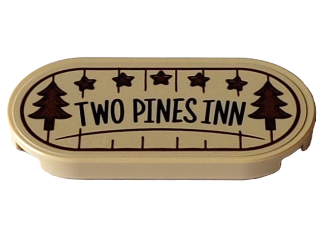 Tile, Round 2 x 4 Oval with Sign with Dark Brown Border, Stars, Trees and Lines and Black 'TWO PINES INN' Pattern (Sticker) - Set 10325