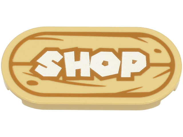 Tile, Round 2 x 4 Oval with White 'SHOP' Sign with Medium Nougat Wood Grain Pattern