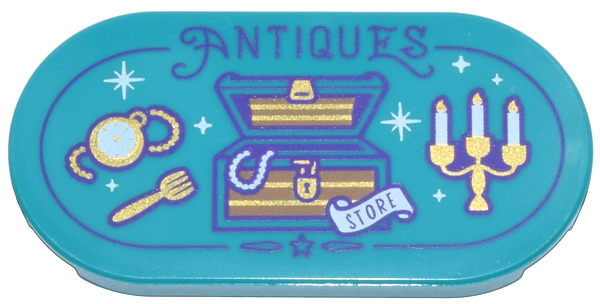 Tile, Round 2 x 4 Oval with Gold Treasure Chest, Watch, Fork, and Candelabra, White Sparkles and 'STORE' Banner and Dark Purple 'ANTIQUES' Pattern