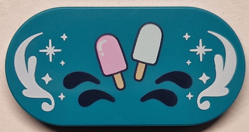 Tile, Round 2 x 4 Oval with Bright Pink and Light Aqua Popsicles, Dark Blue Drops, White Ornaments and Sparkles Pattern