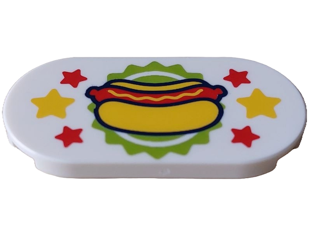 Tile, Round 2 x 4 Oval with Hot Dog on Lime Planet Background with Yellow and Red Stars Pattern