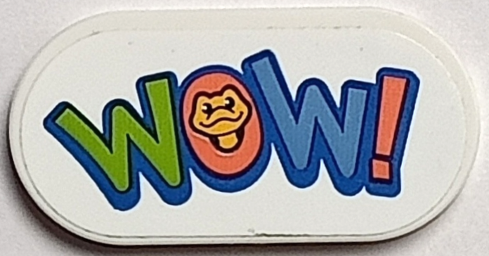 Tile, Round 2 x 4 Oval with Lime, Dark Azure, Coral and Blue 'WOW!' and Bright Light Orange Gecko Head (Popcorn) Pattern (Sticker) - Set 41739