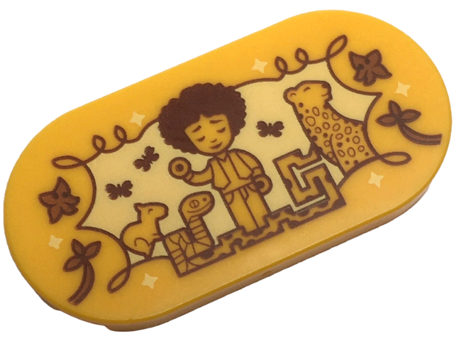 Tile, Round 2 x 4 Oval with Encanto Antonio Micro Doll, Jaguar, Capybara, Snake and Butterflies on Bright Light Yellow Ornate Background Pattern